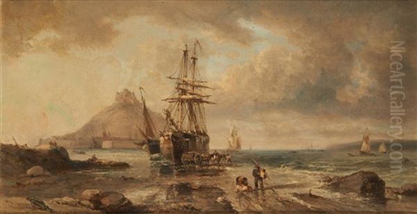 Le Dechargement Du Navire A Maree Basse Oil Painting by Charles Euphrasie Kuwasseg