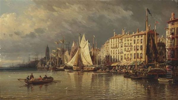 A View Of A Mediterranean Harbour Oil Painting by Charles Euphrasie Kuwasseg