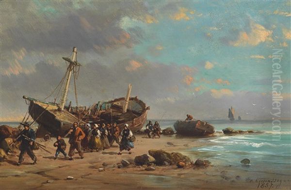 Fischer Am Strand Oil Painting by Charles Euphrasie Kuwasseg