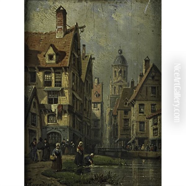 Townspeople At Waterfront Oil Painting by Charles Euphrasie Kuwasseg