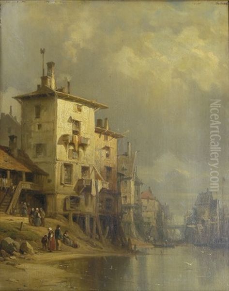 Riviere Traversant Une Ville (pair) Oil Painting by Charles Euphrasie Kuwasseg