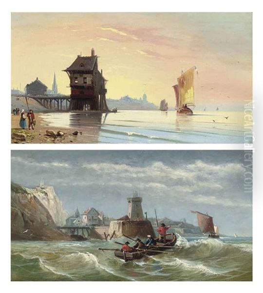 Rowing Out At A Lighthouse (+ A Calm Day On The French Coast; Pair) Oil Painting by Charles Euphrasie Kuwasseg