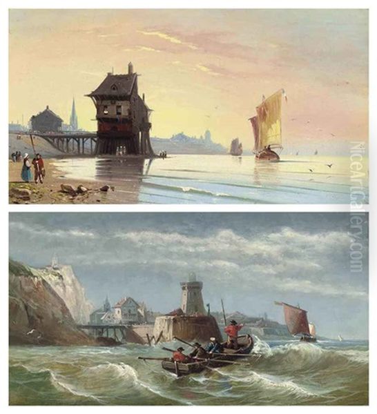 Rowing Out At A Lighthouse (+ A Calm Day On The French Coast; Pair) Oil Painting by Charles Euphrasie Kuwasseg