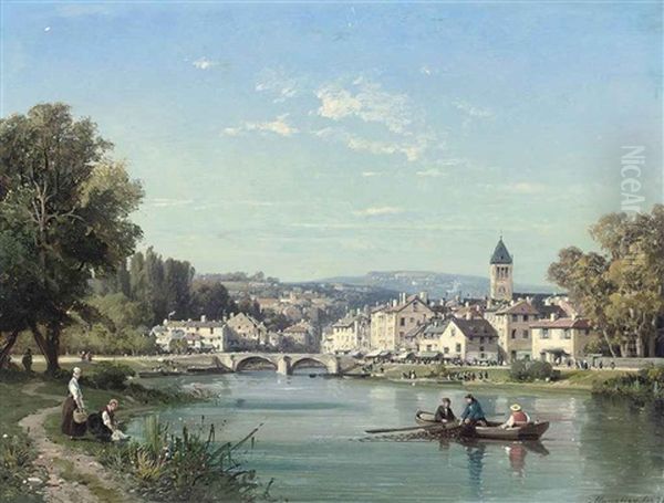 Rowing Near A French Town Oil Painting by Charles Euphrasie Kuwasseg