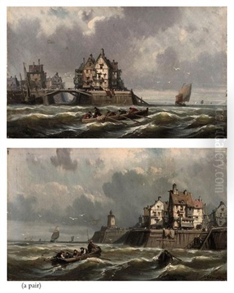 Off The Coast On Heavy Waters (+ Another; Pair) Oil Painting by Charles Euphrasie Kuwasseg