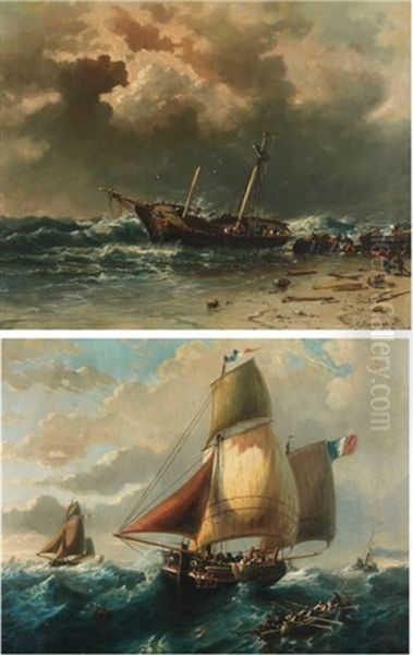 Le Naufrage (+ Voiliers Par Gros Temps; 2 Works) Oil Painting by Charles Euphrasie Kuwasseg