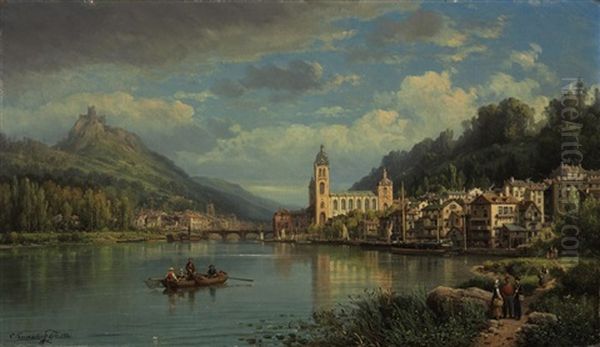 A Capriccio River Landscape With Figures Conversing And A Town Beyond Oil Painting by Charles Euphrasie Kuwasseg