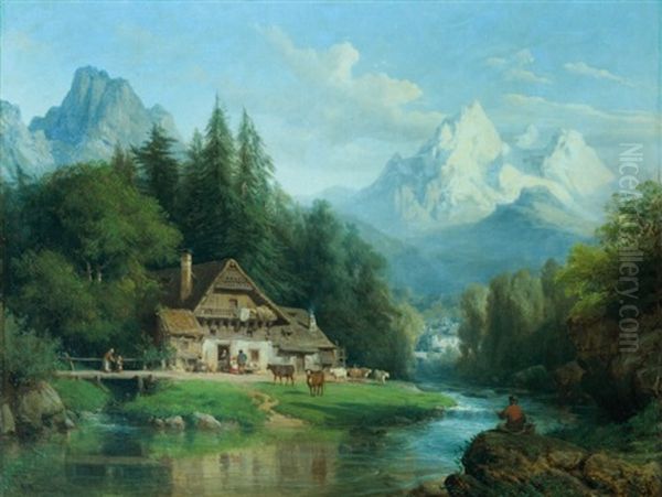 Paysage Alpin Au Chalet Oil Painting by Charles Euphrasie Kuwasseg