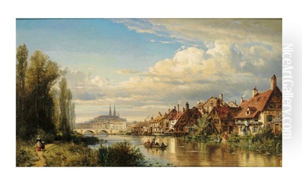 Blick Uber Die Donau Auf Das Malerische Regensburg Mit Dom, Steinerner Brucke Und Malerischer Hauserzeile Am Ufer Oil Painting by Charles Euphrasie Kuwasseg