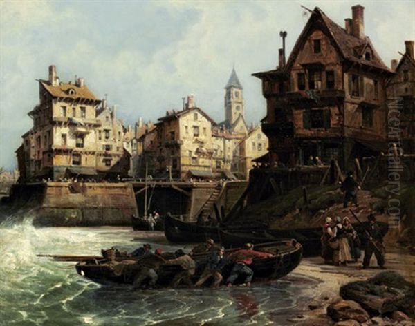 Kustenstadtchen An Der Normandie Mit Heimkehrenden Fischern Oil Painting by Charles Euphrasie Kuwasseg