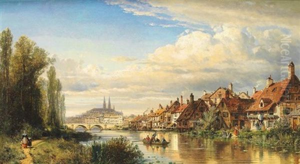 Blick Uber Die Donau Auf Das Malerische Regensburg Mit Dom, Steinerner Brucke Und Malerischer Hauserzeile Am Ufer Oil Painting by Charles Euphrasie Kuwasseg