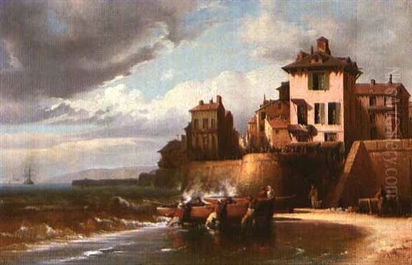 Village By The Sea Oil Painting by Charles Euphrasie Kuwasseg