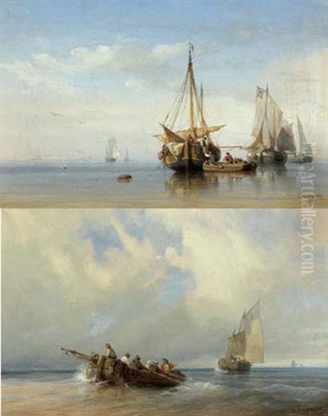 Marine (2 Works) Oil Painting by Charles Euphrasie Kuwasseg