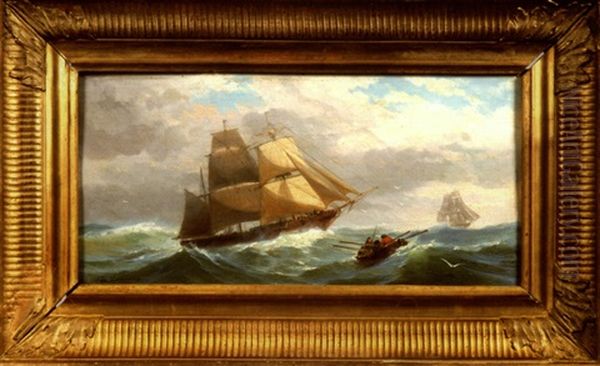 Bateau Trois Mats Et Barque Par Gros Temps Oil Painting by Charles Euphrasie Kuwasseg