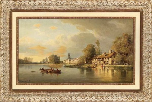 View Of A Riverside Town With A Castle Beyond by Charles Euphrasie Kuwasseg