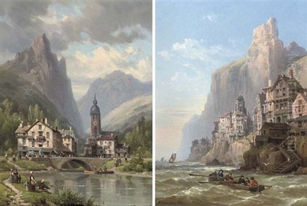 A Seaside Town (+ A Town In A Valley; Pair) Oil Painting by Charles Euphrasie Kuwasseg