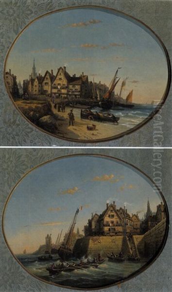 Seaside Village (+ Another; Pair) Oil Painting by Charles Euphrasie Kuwasseg