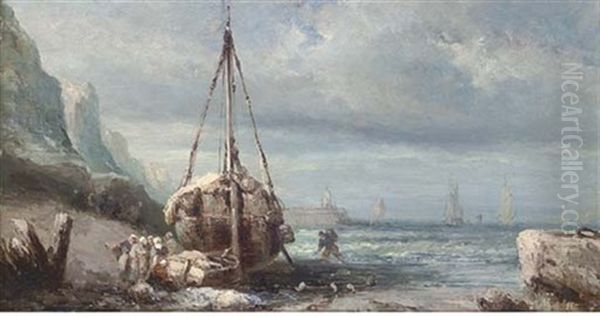 Unloading The Catch At Low Tide Oil Painting by Charles Euphrasie Kuwasseg