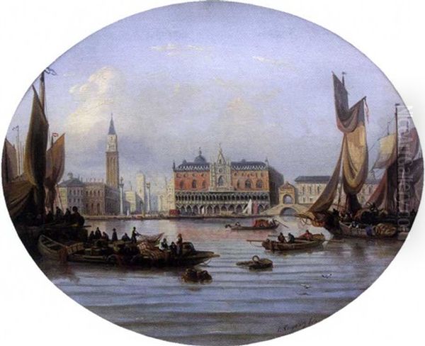 Barques De Pecheurs Et Pecheurs A Venise Oil Painting by Charles Euphrasie Kuwasseg