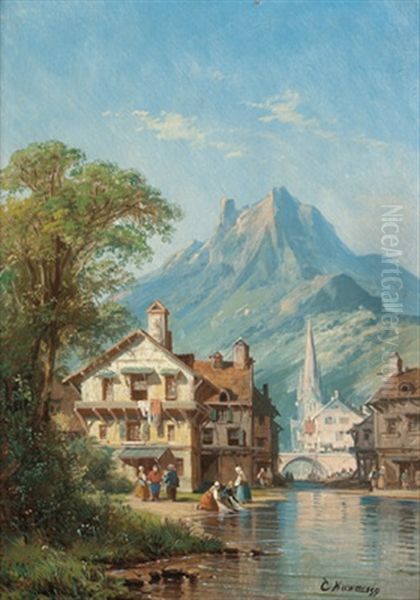 Wascherinnen Am Flus In Einem Alten Stadtchen Oil Painting by Charles Euphrasie Kuwasseg