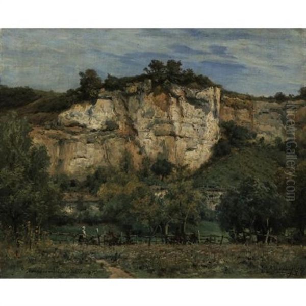 The Cliffs Of Rochecorbon, Near Tours Oil Painting by Charles Euphrasie Kuwasseg