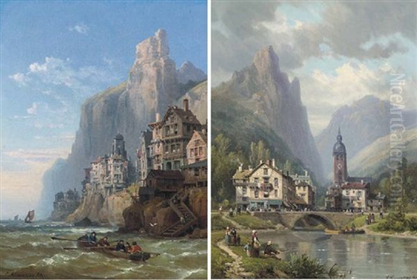 Rowing Out At A Coastal Town (+ An Angler Before An Alpine Riverside Town; Pair) Oil Painting by Charles Euphrasie Kuwasseg