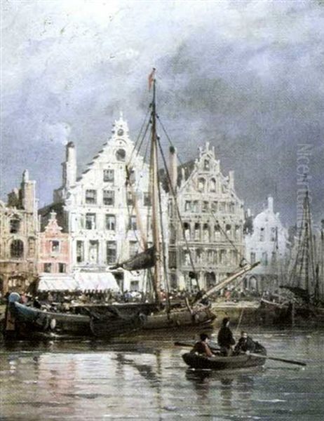 Quai Anime A Amsterdam Oil Painting by Charles Euphrasie Kuwasseg