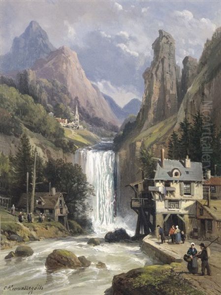 Rotslandschap Met Bergdorp En Waterval Oil Painting by Charles Euphrasie Kuwasseg