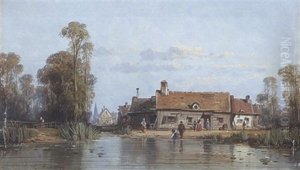 Flusslandschaft Mit Dorf Oil Painting by Charles Euphrasie Kuwasseg