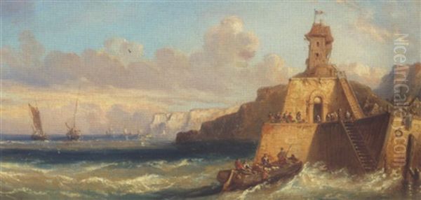 Sydlandsk Havneparti Oil Painting by Charles Euphrasie Kuwasseg