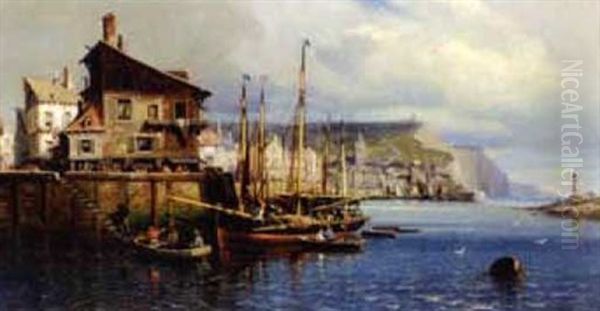 Fishing Boats Unloading In A French Port Oil Painting by Charles Euphrasie Kuwasseg