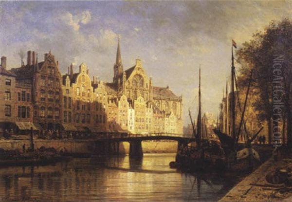 Continental City Canal Scene Oil Painting by Charles Euphrasie Kuwasseg