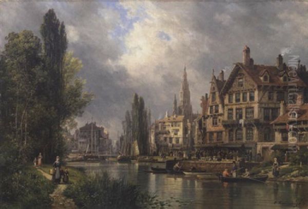 Vue D'une Ville Flamande Animee De Nombreux Personnages Oil Painting by Charles Euphrasie Kuwasseg