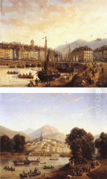 Port Fluvial Oil Painting by Charles Euphrasie Kuwasseg