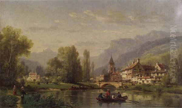 Afternoon On The River / An Animated Town View Oil Painting by Charles Euphrasie Kuwasseg