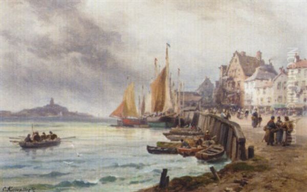 A French Port Oil Painting by Charles Euphrasie Kuwasseg