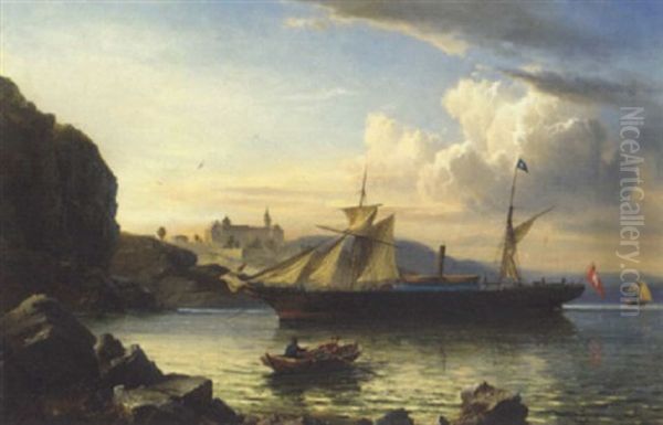 A Hamburg Steamer Off The North German Coast Oil Painting by Charles Euphrasie Kuwasseg