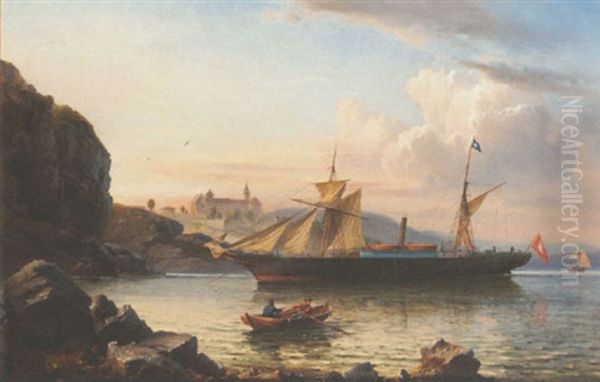 A Hamburg Steamer Anchored Off The North German Coast Oil Painting by Charles Euphrasie Kuwasseg