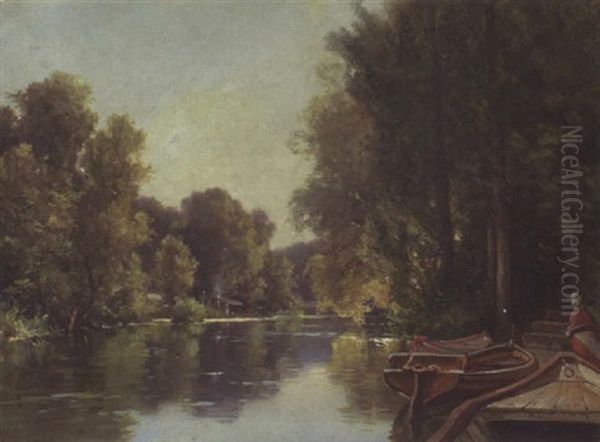 Kahne Am Flussufer Oil Painting by Charles Euphrasie Kuwasseg