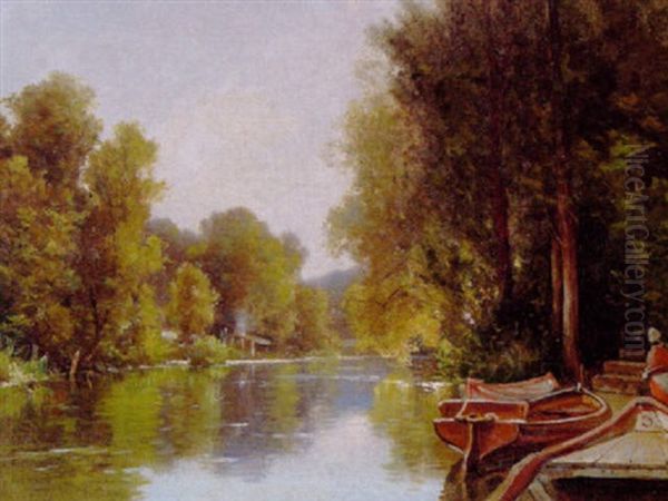 Flodbred Med Bade Oil Painting by Charles Euphrasie Kuwasseg