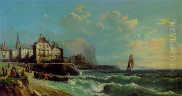 Pecheurs Devant Le Port Oil Painting by Charles Euphrasie Kuwasseg