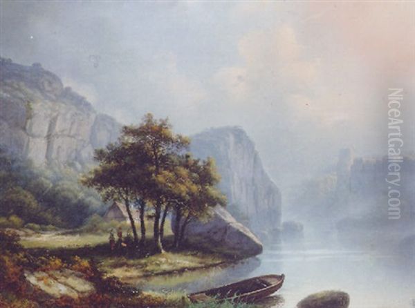 A Rocky Lake Landscape Oil Painting by Charles Euphrasie Kuwasseg