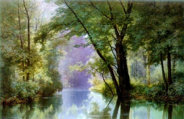 View Of The Yeres River At Combs-la-ville Oil Painting by Charles Euphrasie Kuwasseg