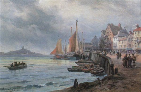 Port De Pornic En Bretagne (cotes Du Nord) Oil Painting by Charles Euphrasie Kuwasseg