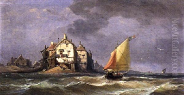 Dorf Am Meer Und Ein Segelboot Mit Franzosischer Flagge by Charles Euphrasie Kuwasseg