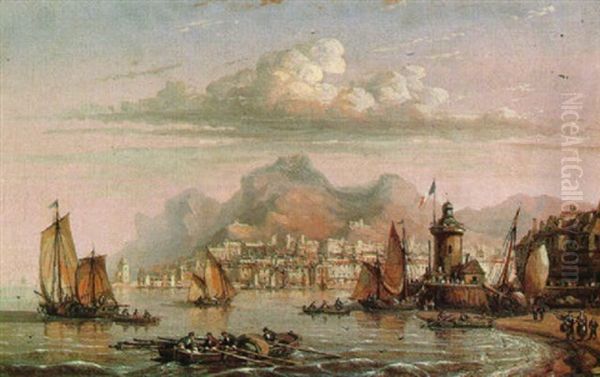 Vue D'un Port Francais Oil Painting by Charles Euphrasie Kuwasseg