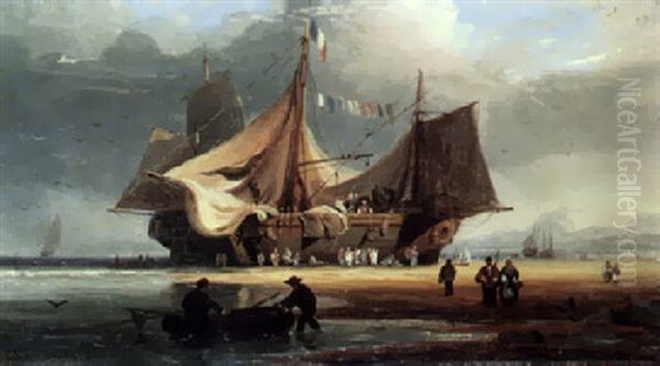 Coming Ashore Oil Painting by Charles Euphrasie Kuwasseg