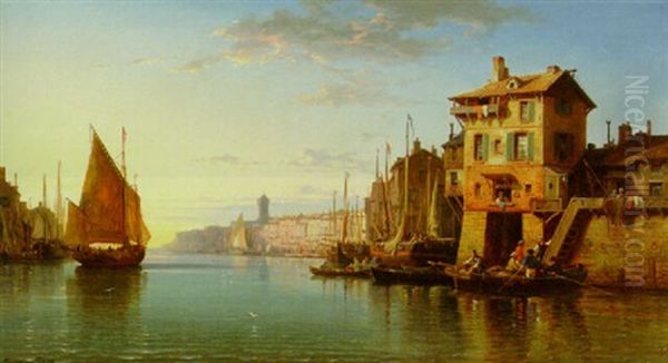 A Port At Sunset Oil Painting by Charles Euphrasie Kuwasseg