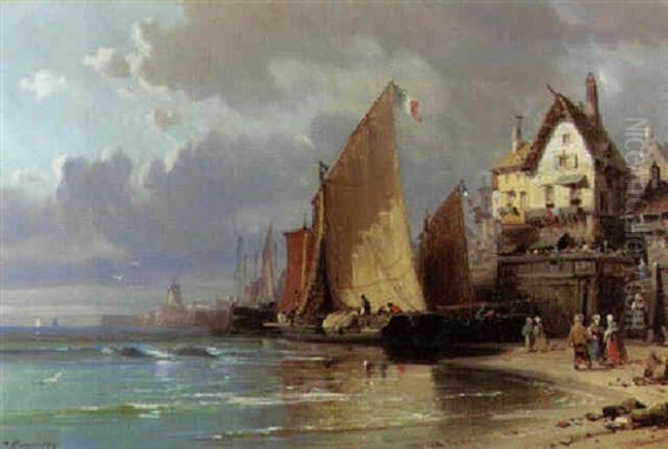 Sailing Vessels In A Harbor Oil Painting by Charles Euphrasie Kuwasseg