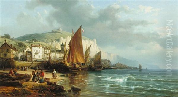 A View Of Yport, Normandy Oil Painting by Charles Euphrasie Kuwasseg